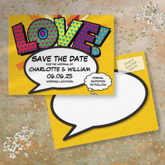 Save the Date Modern Fun Comic Book Love Announcement Postcard