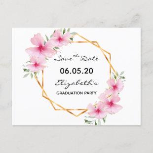 Save the Date pink florals graduation party white Postcard