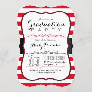 Scarlet Red & White Stripes Graduation Party Invitation