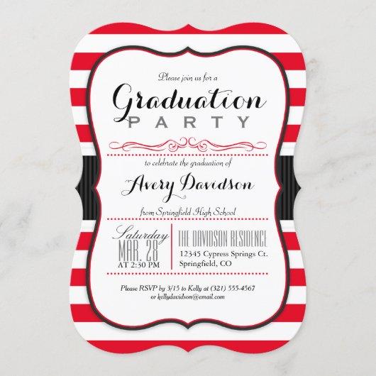 Scarlet Red & White Stripes Graduation Party Invitation