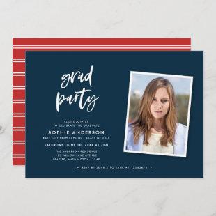 Script Blue and Red Photo Graduation Party Invitation