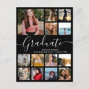Script Graduate 14 Photo Collage Black Graduation Announcement Postcard