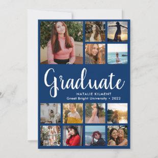 Script Graduate 14 Photo Collage Blue Graduation Announcement