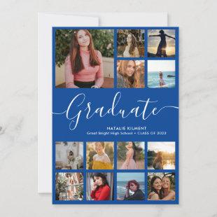 Script Graduate 14 Photo Collage Blue Graduation Invitation