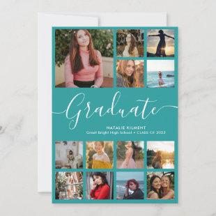 Script Graduate 14 Photo Collage Teal Graduation Announcement