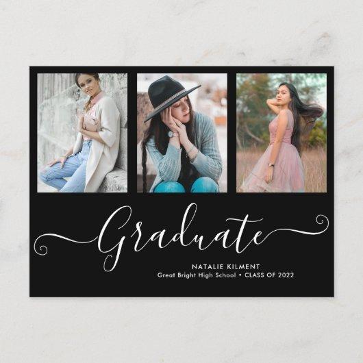 Script Graduate 3 Photo Collage Black Graduation Announcement Postcard
