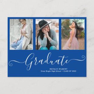 Script Graduate 3 Photo Collage Blue Graduation Announcement Postcard
