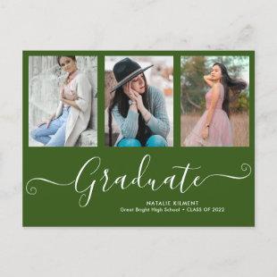 Script Graduate 3 Photo Collage Green Graduation Announcement Postcard