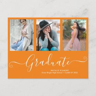Script Graduate 3 Photo Collage Orange Graduation Announcement Postcard