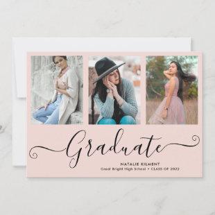 Script Graduate 3 Photo Collage Pink Graduation Announcement