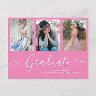 Script Graduate 3 Photo Collage Pink Graduation Announcement Postcard