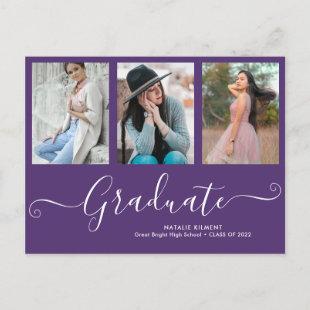 Script Graduate 3 Photo Collage Purple Graduation Announcement Postcard