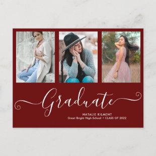 Script Graduate 3 Photo Collage Red Graduation Announcement Postcard