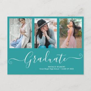 Script Graduate 3 Photo Collage Teal Graduation Announcement Postcard