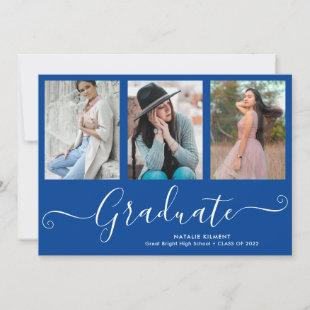 Script Graduate 4 Photo Collage Blue Graduation Invitation