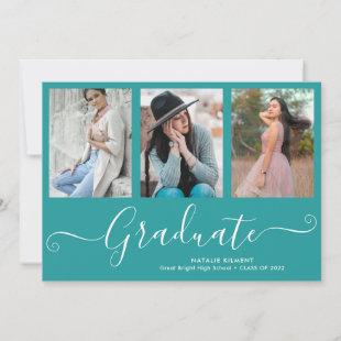 Script Graduate 4 Photo Collage Teal Graduation Invitation