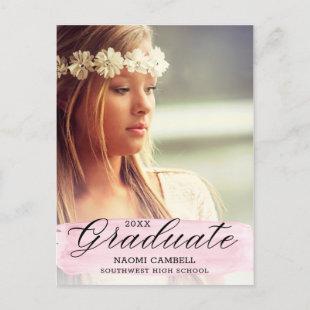 Script Pink Stroke Graduate Photo Graduation Announcement Postcard