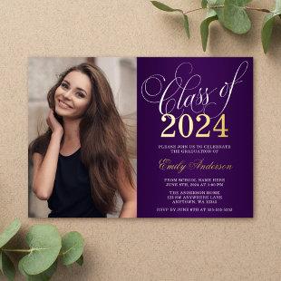 Script Purple 2024 Photo Graduation Party Gold Foil Invitation