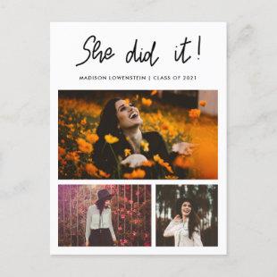 She Did It Graduate Script Three Photo Collage  Invitation Postcard