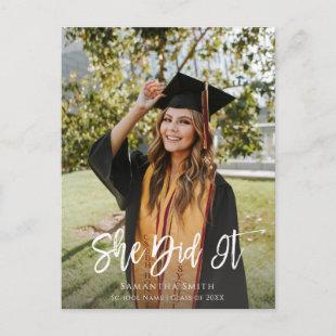 She Did It Modern Script Girl Photo Graduation Invitation Postcard