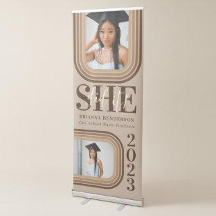 She Did It Retro Brown and Neutral Graduation Retractable Banner