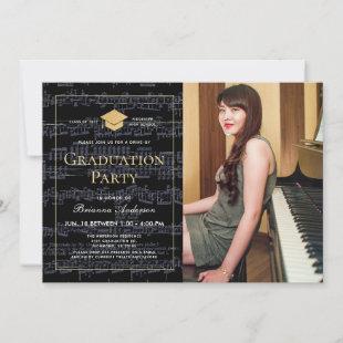 Sheet Music Black & Gold Photo Drive-by Graduation Invitation