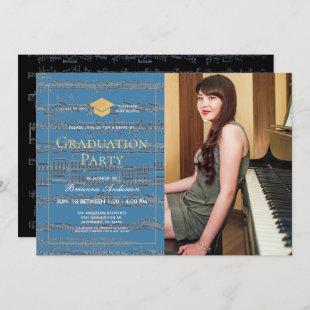 Sheet Music Blue Gold Photo Drive-by Graduation Invitation