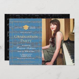 Sheet Music Blue Gold Photo Graduation Party Invitation