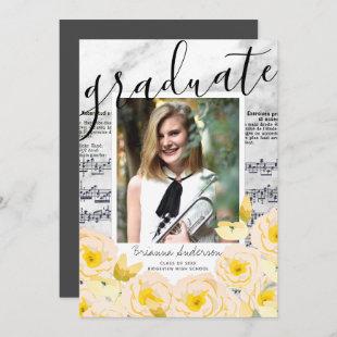 Sheet Music Floral Marble  Photo Graduation Invitation