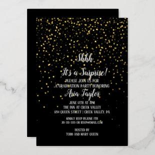 Shhh Surprise Confetti on Black Graduation Gold Foil Invitation