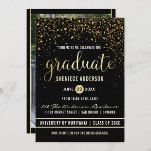Shiny Gold Confetti & Script | Graduation Photo Invitation