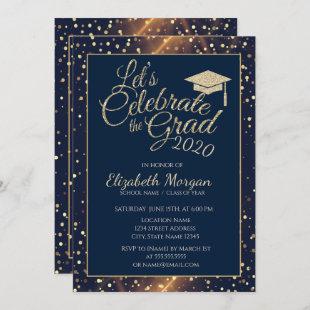 Shiny Gold Glitter Graduation Cap, Dots,Navy Blue Invitation