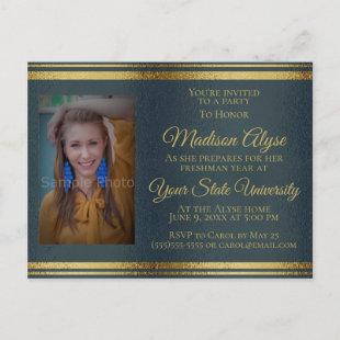 Shiny Navy Blue Gold Photo College Trunk Party Invitation Postcard