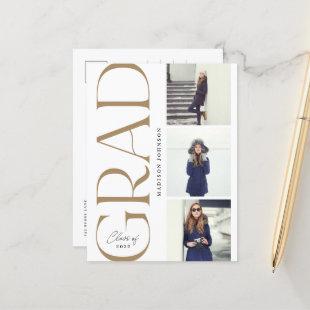 Side Typography Graduation 2022 3 Photo Party Gold Announcement Postcard
