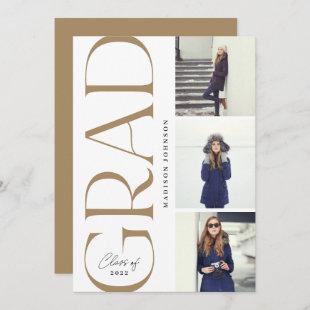 Side Typography Graduation 2022 3 Photo Party Gold Invitation