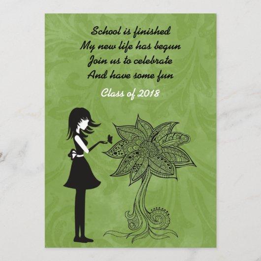 Silhouette Girl, Butterfly and Flower Graduation Invitation