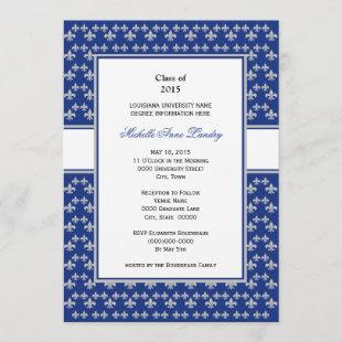 Silver and Royal Blue Fleur de Lis Graduation Invitation