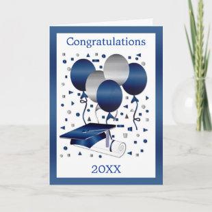 Silver blue balloons, mortar and diploma Graduatio Card