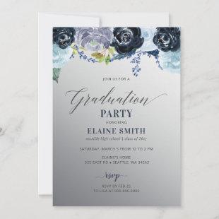 Silver Blue Floral Photo Graduation Party  Invitation