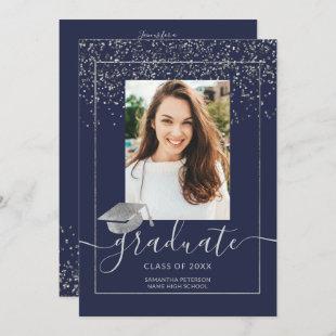 Silver confetti navy blue typography graduation invitation
