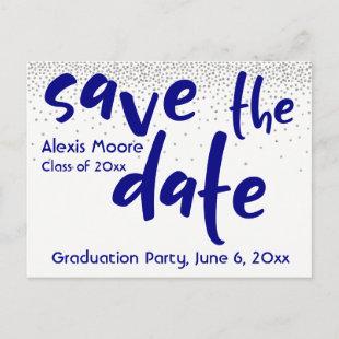 Silver Confetti Navy Typography Save the Date 1 Announcement Postcard