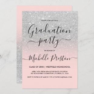Silver glitter blush coral ombre girly graduation invitation