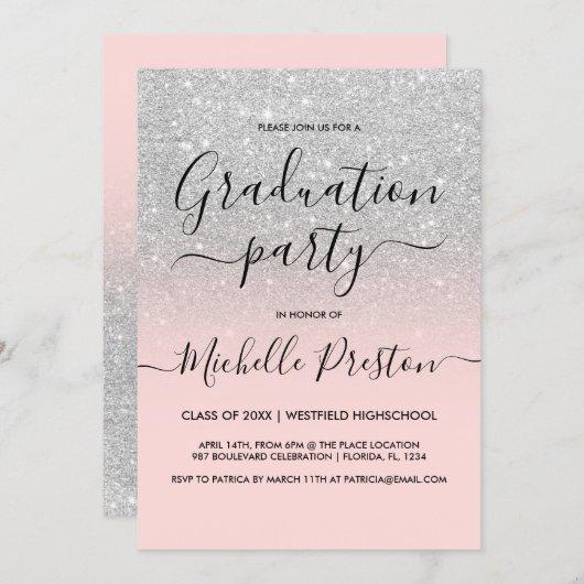 Silver glitter blush coral ombre girly graduation invitation