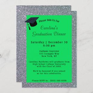 Silver Glitter Dinner Green Graduation Invitation