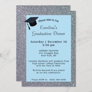 Silver Glitter Dinner Light Blue Graduation Invitation