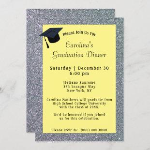 Silver Glitter Dinner Yellow Graduation Invitation