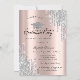 Silver Glitter Drips, Rose Gold Graduation  Invitation