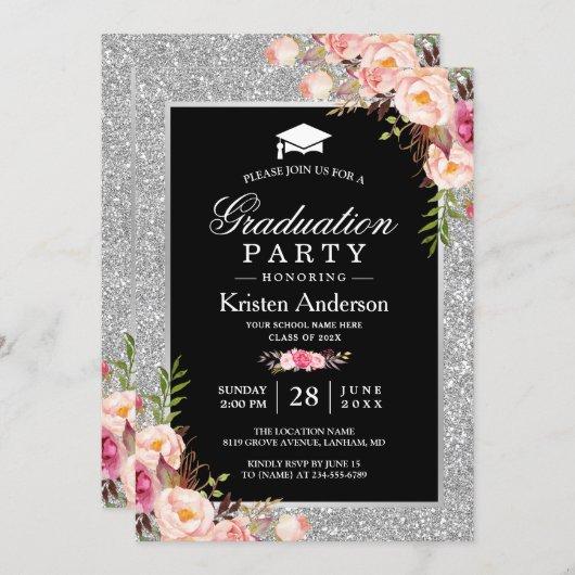 Silver Glitter Floral Photo Graduation Party Invitation