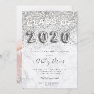 Silver glitter letter 2020 marble photo graduation invitation