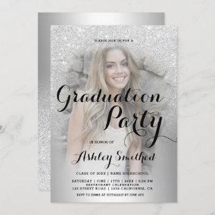 Silver glitter ombre metallic photo graduation invitation